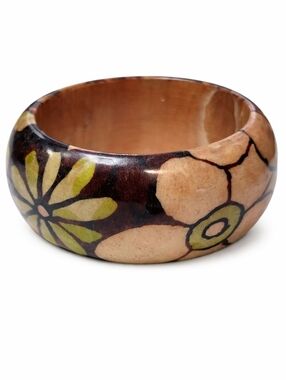 Vintage Painted Floral Wood Bangle Bracelet Wide Chunky Boho Cottagecore Size 7.